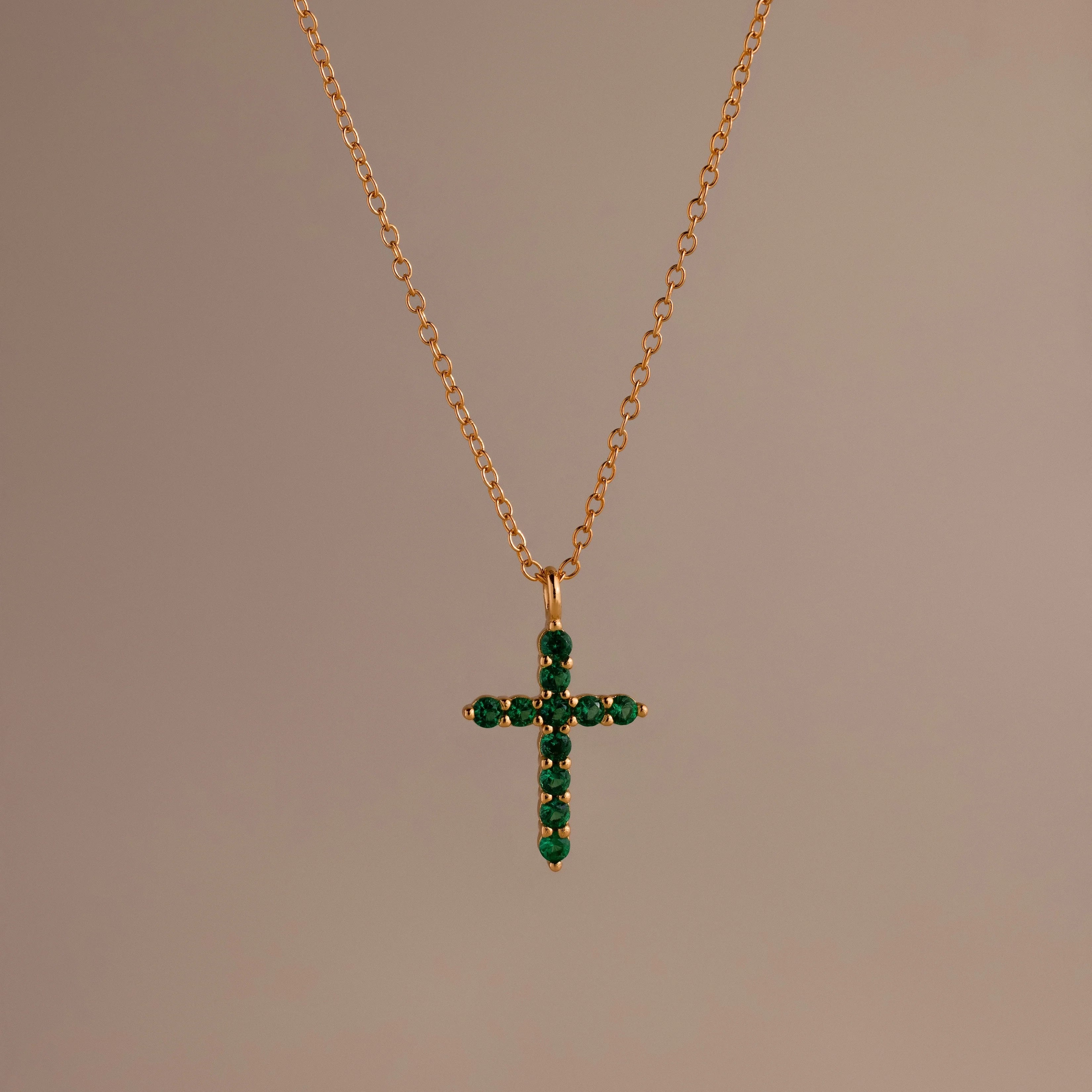 Emerald Pave Cross Necklace Silver 18K Gold Plated