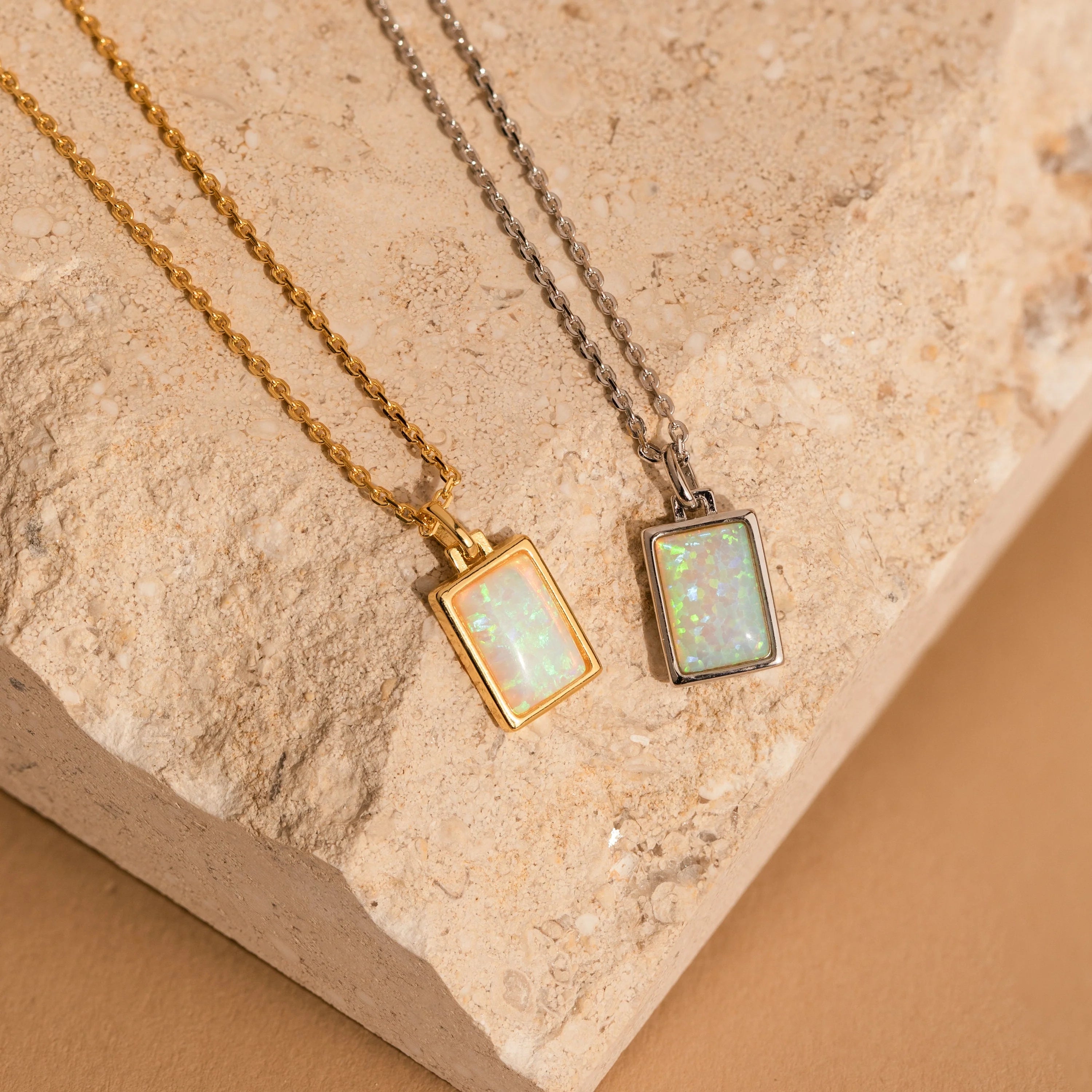 White Opal Rectangle Necklace Silver 18K Gold Plated