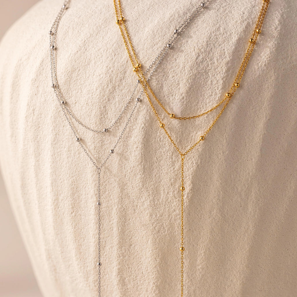 Duo Satellite Lariat Necklace Silver 18K Gold Plated