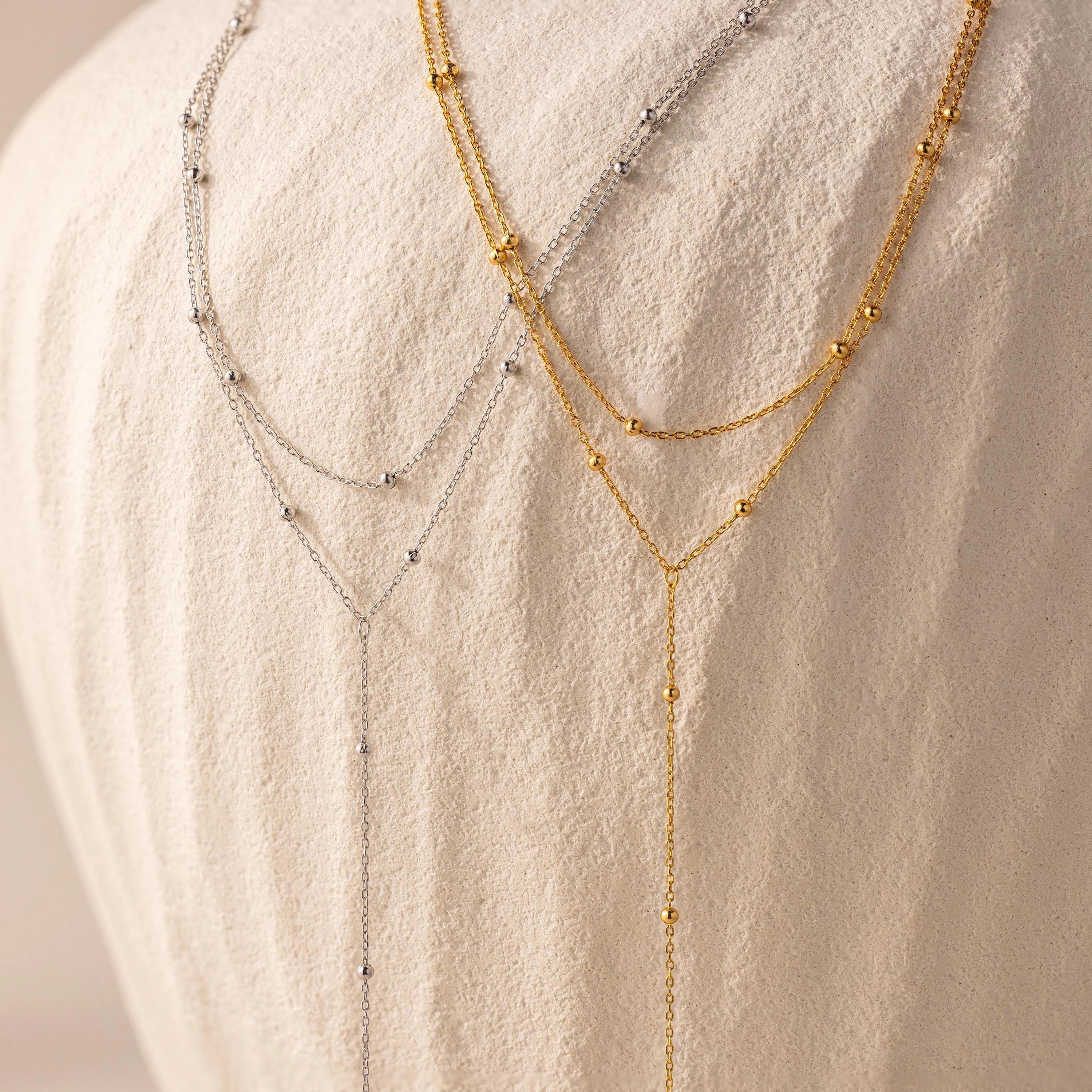 Duo Satellite Lariat Necklace Silver 18K Gold Plated