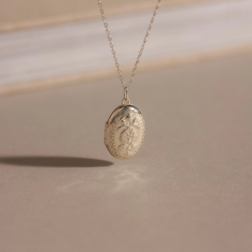 Floral Handwriting Locket Necklace Silver 18K Gold Plated