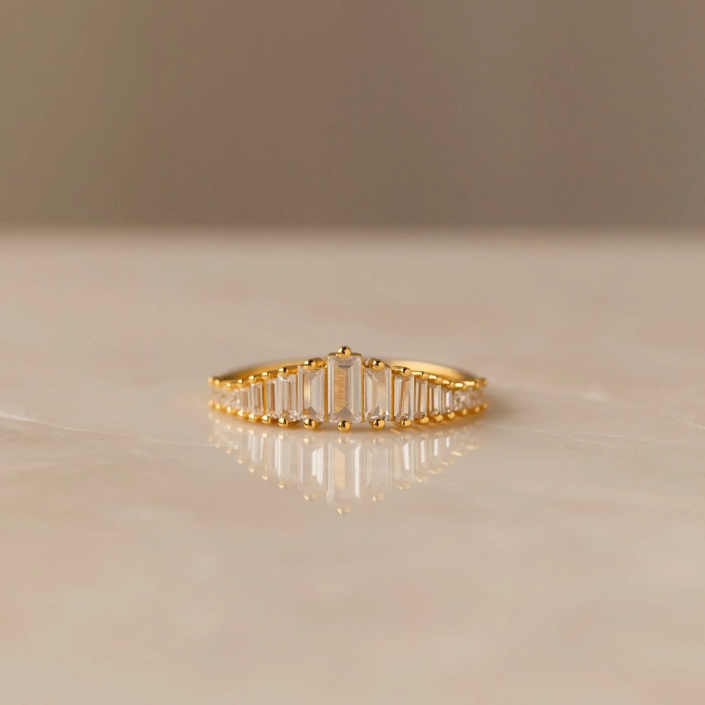 Art Deco Baguette Diamond Earrings & Ring Set Silver 18K Gold Plated