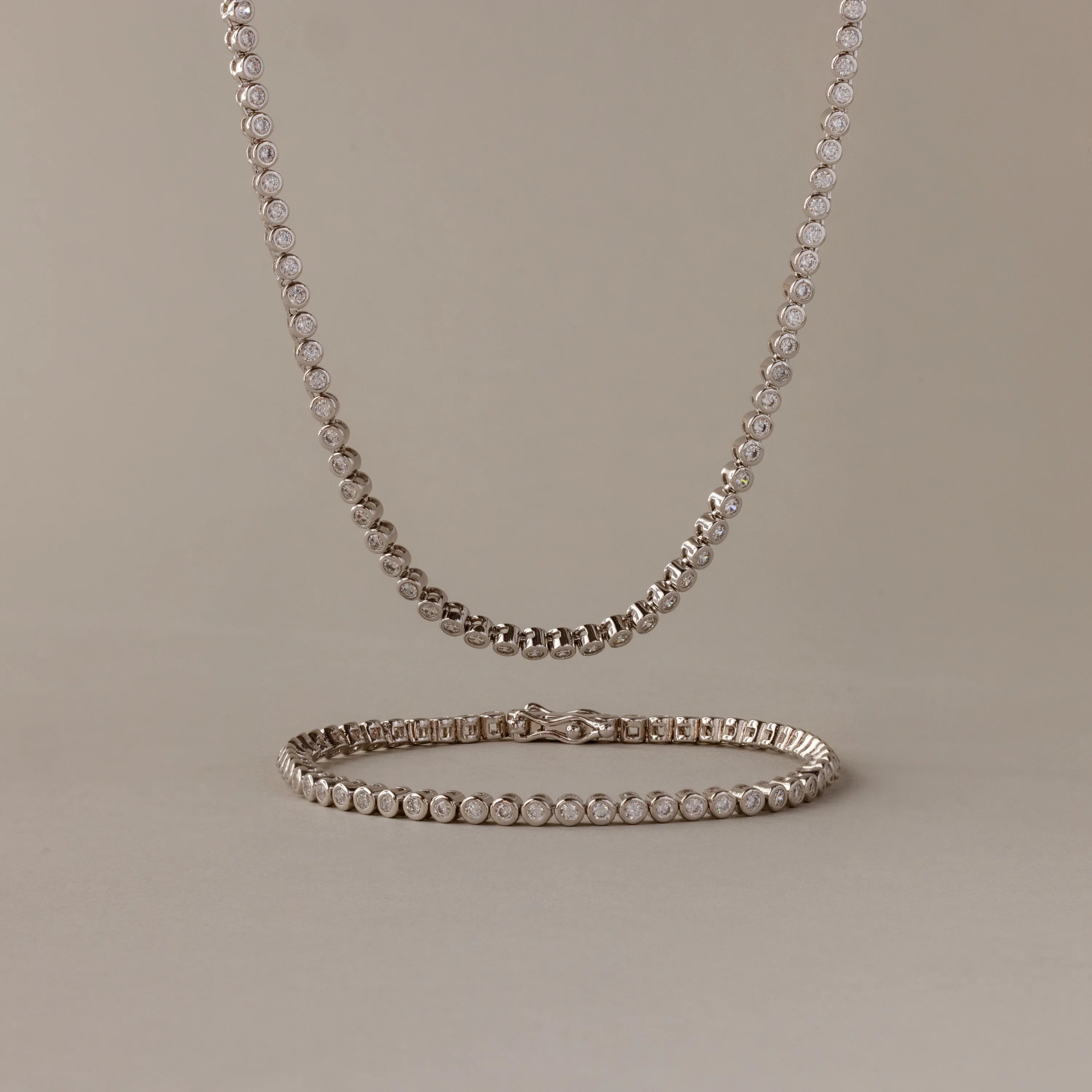 Diamond Bezel Tennis Necklace & Bracelet Set Silver 18K Gold Plated
