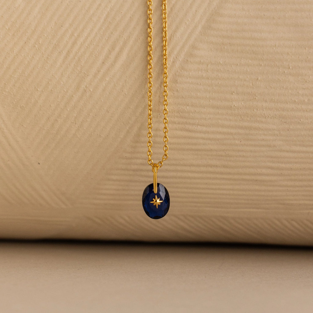 North Star Birthstone Signet Necklace in Sapphire Silver 18K Gold Plated