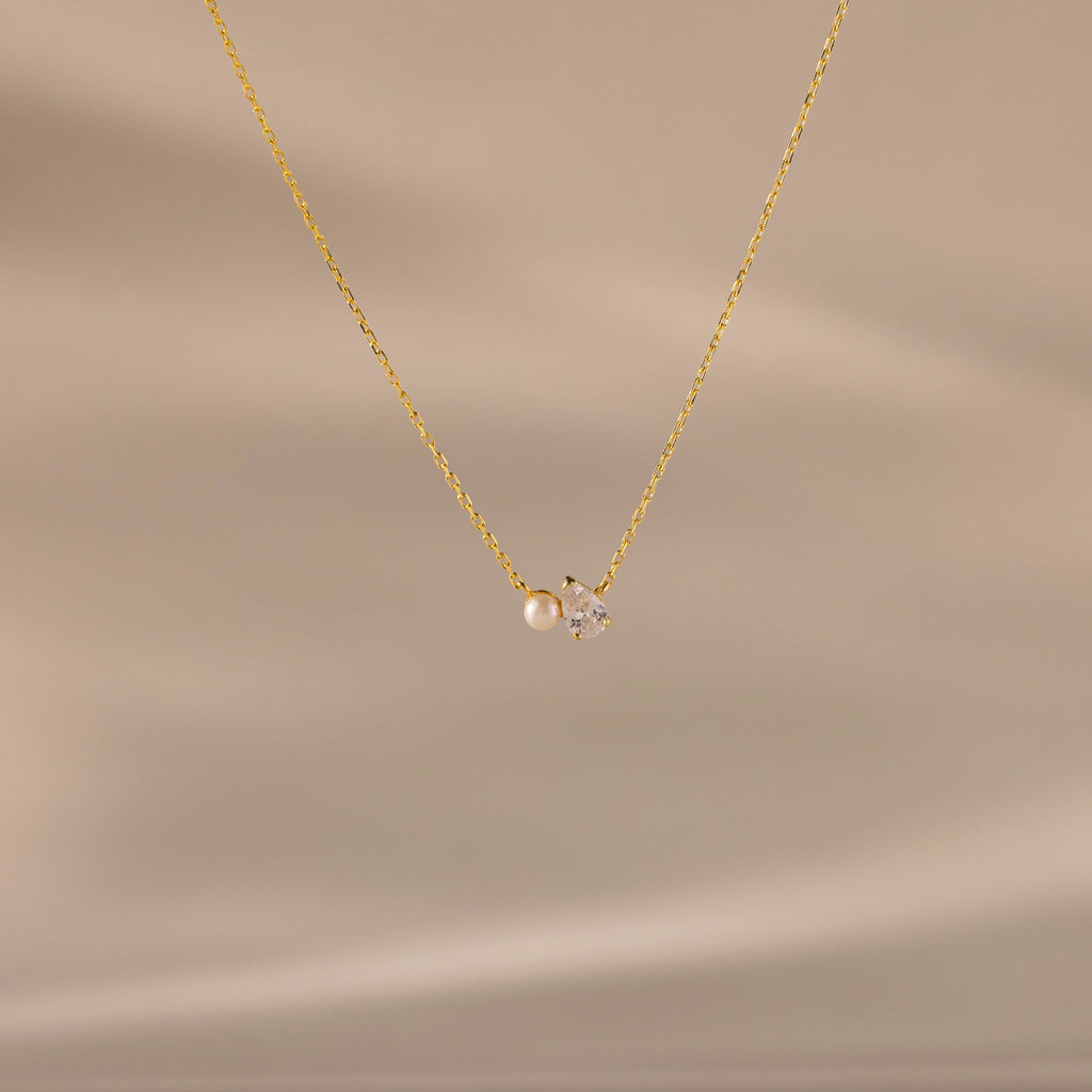 Teardrop Birthstone & Pearl Necklace Silver 18K Gold Plated