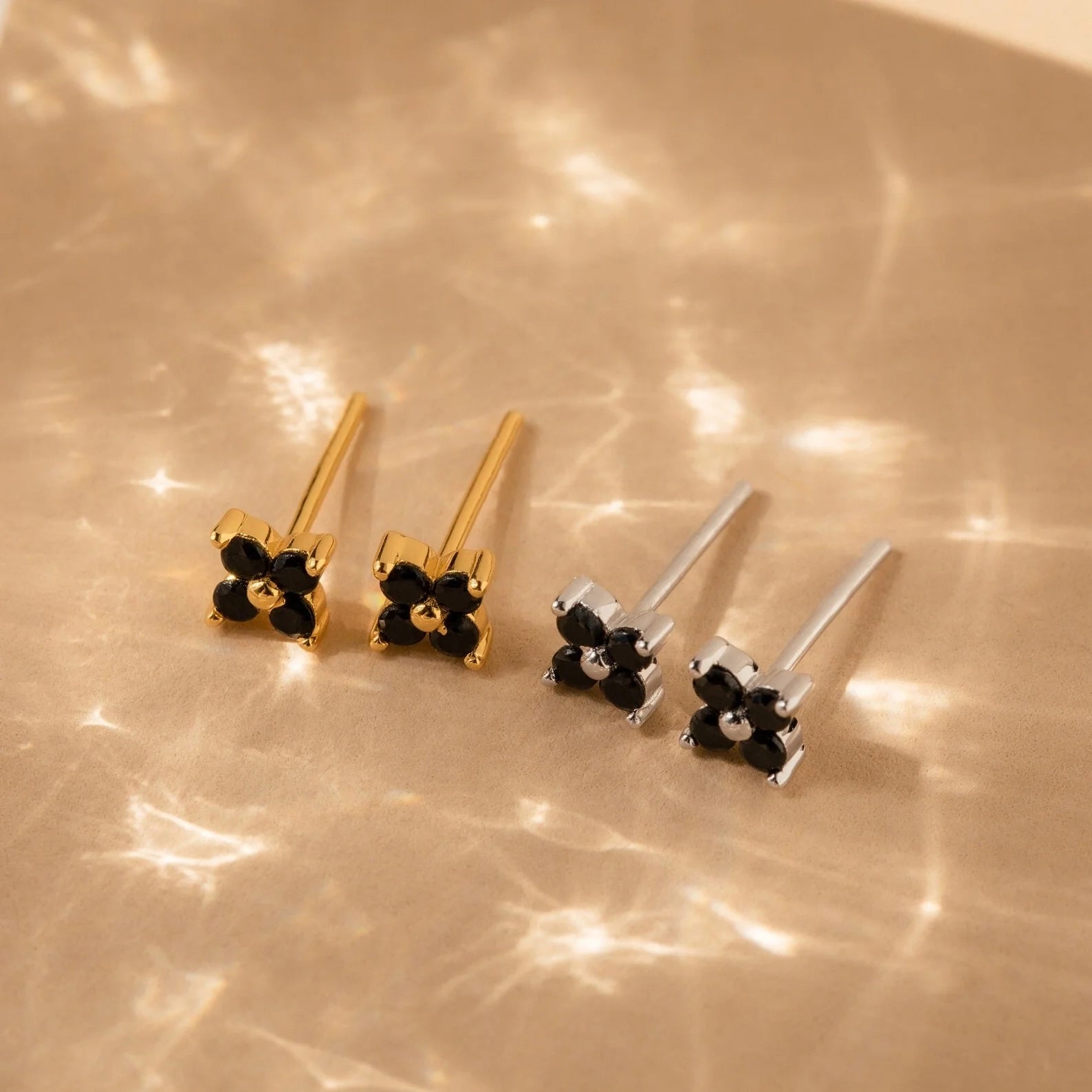Black Diamond Flower Studs Silver 18K Gold Plated