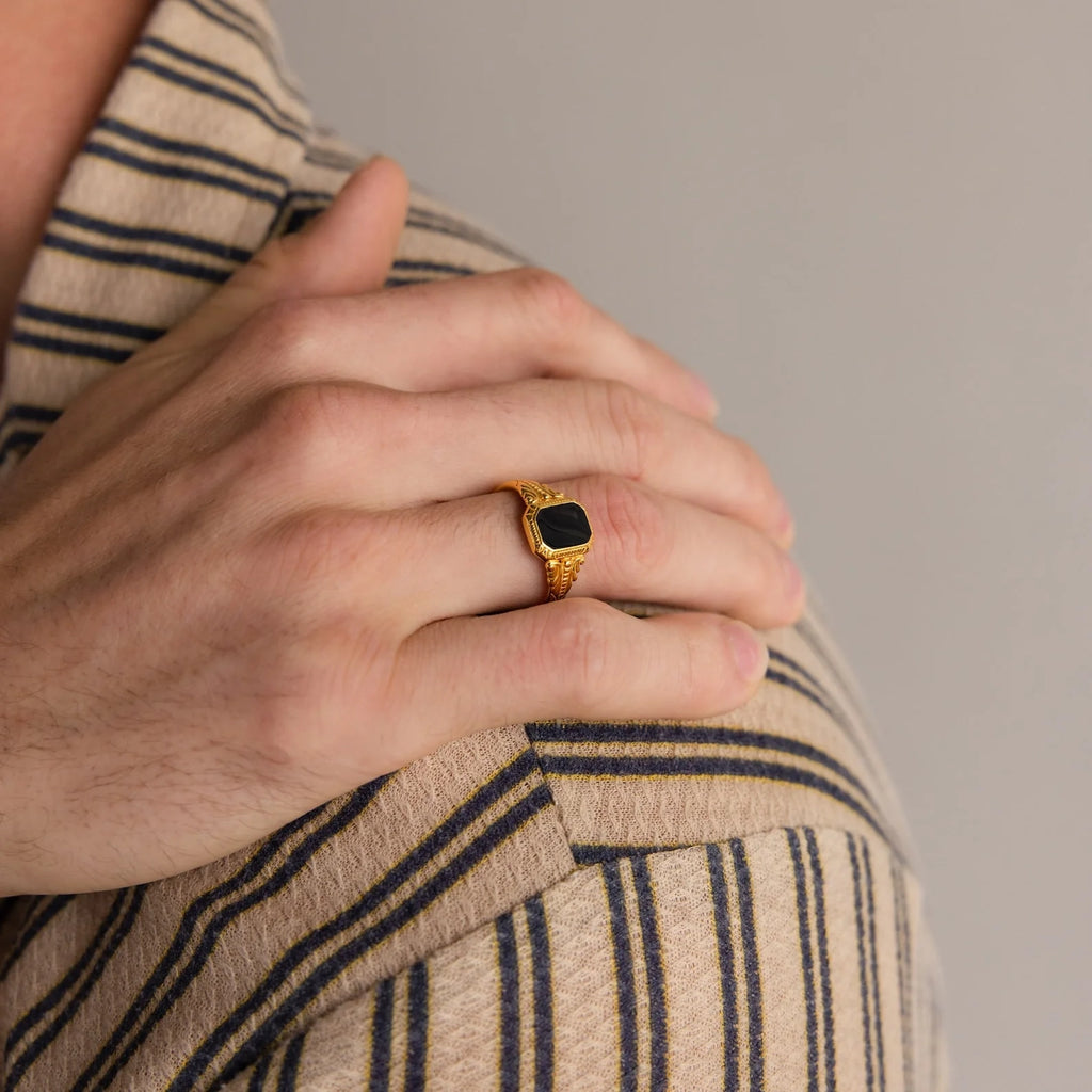 Black Enamel Signet Rings Silver 18K Gold Plated
