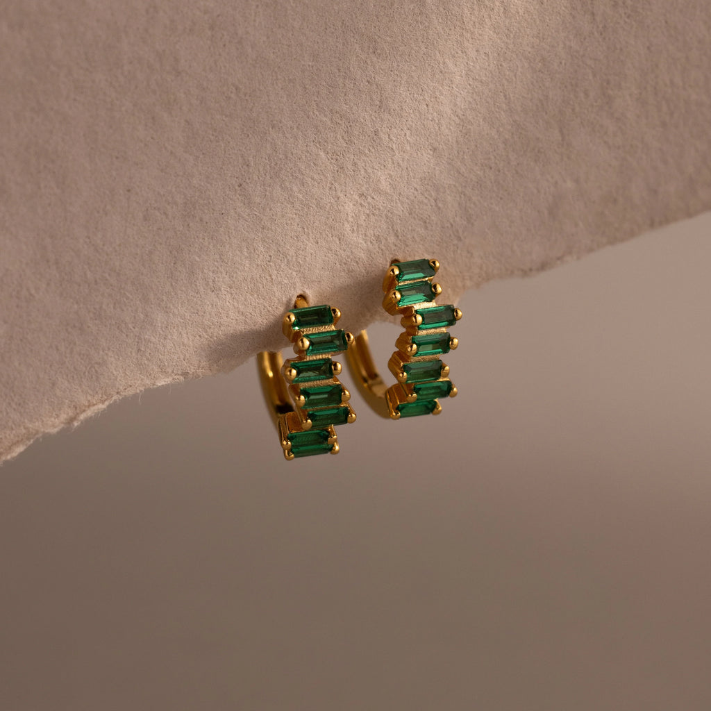 Staggered Baguette Emerald Huggies Silver 18K Gold Plated