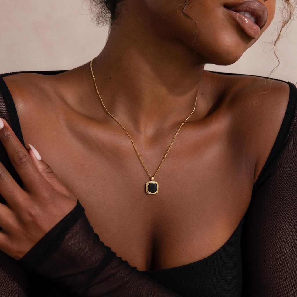Square Onyx Necklace Silver 18K Gold Plated