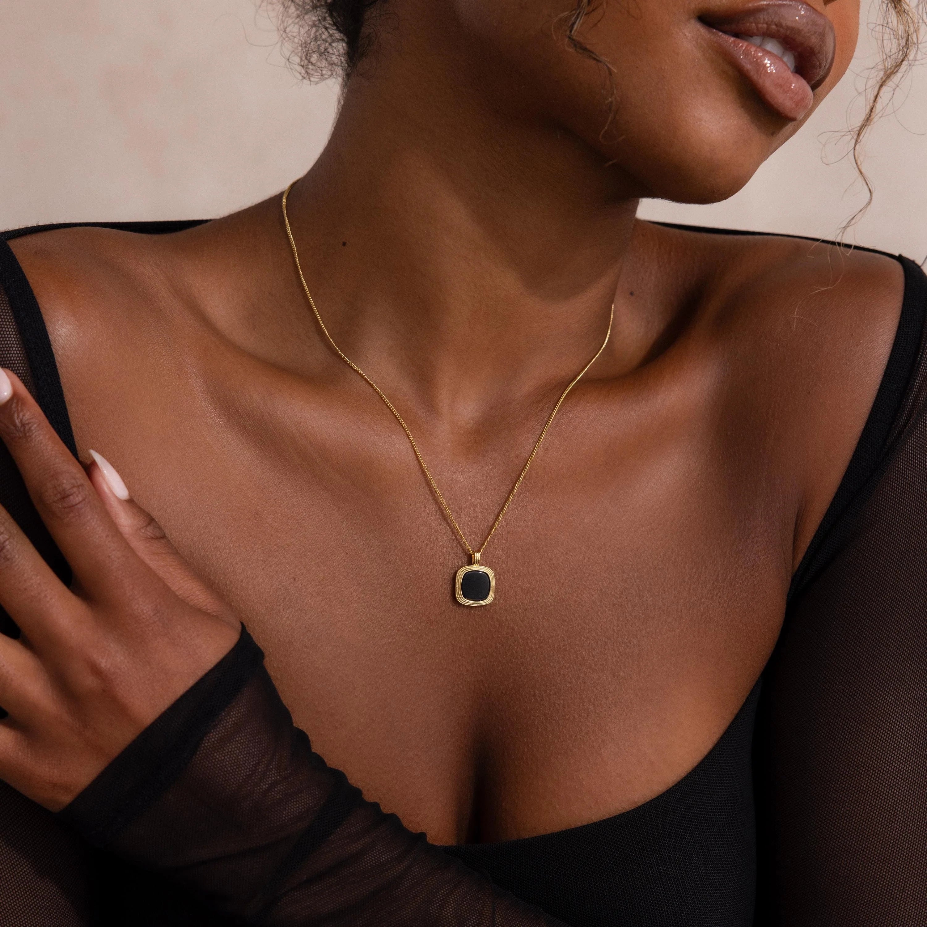 Square Onyx Necklace Silver 18K Gold Plated