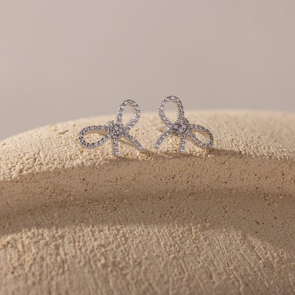 Pave Bow Studs Silver 18K Gold Plated