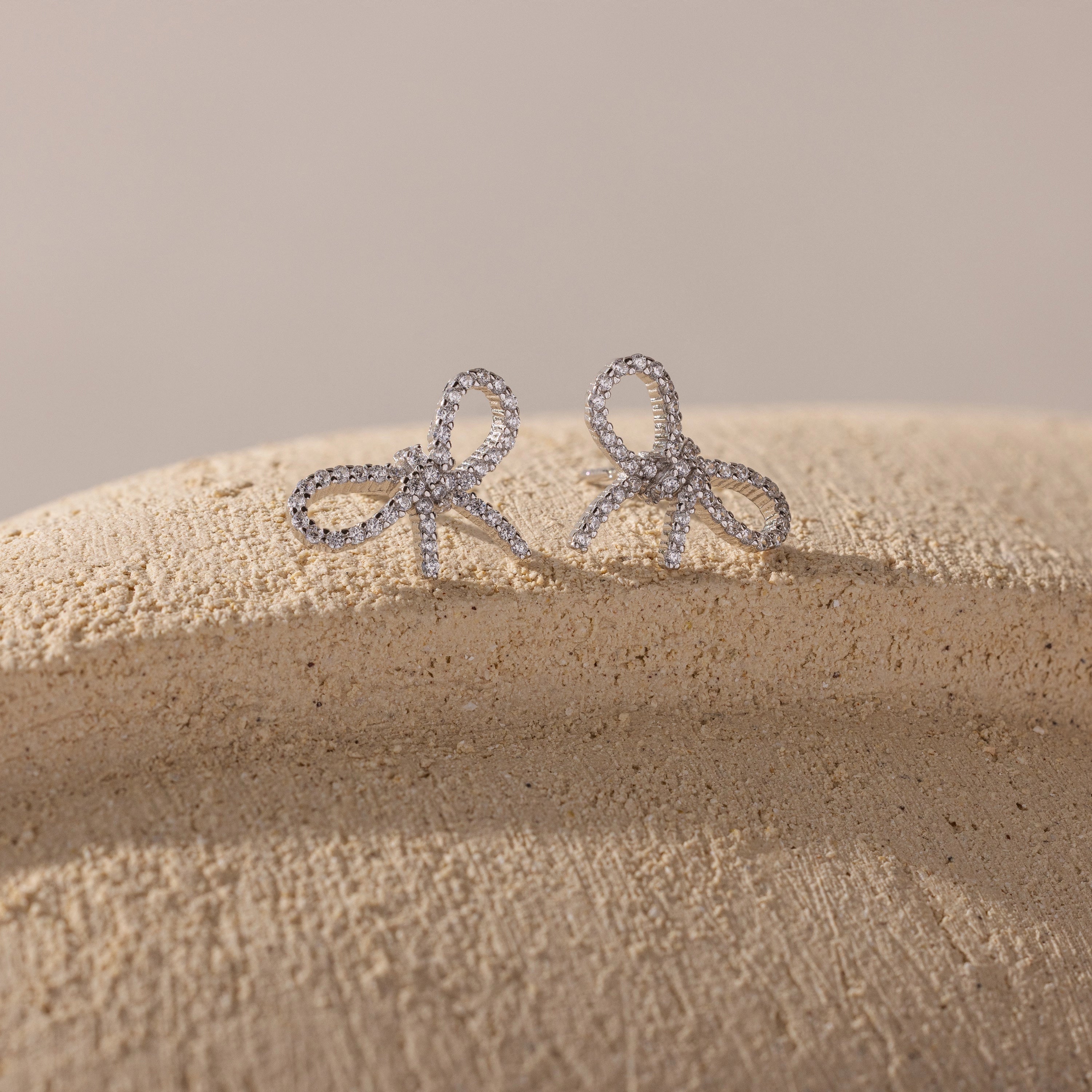 Pave Bow Studs Silver 18K Gold Plated