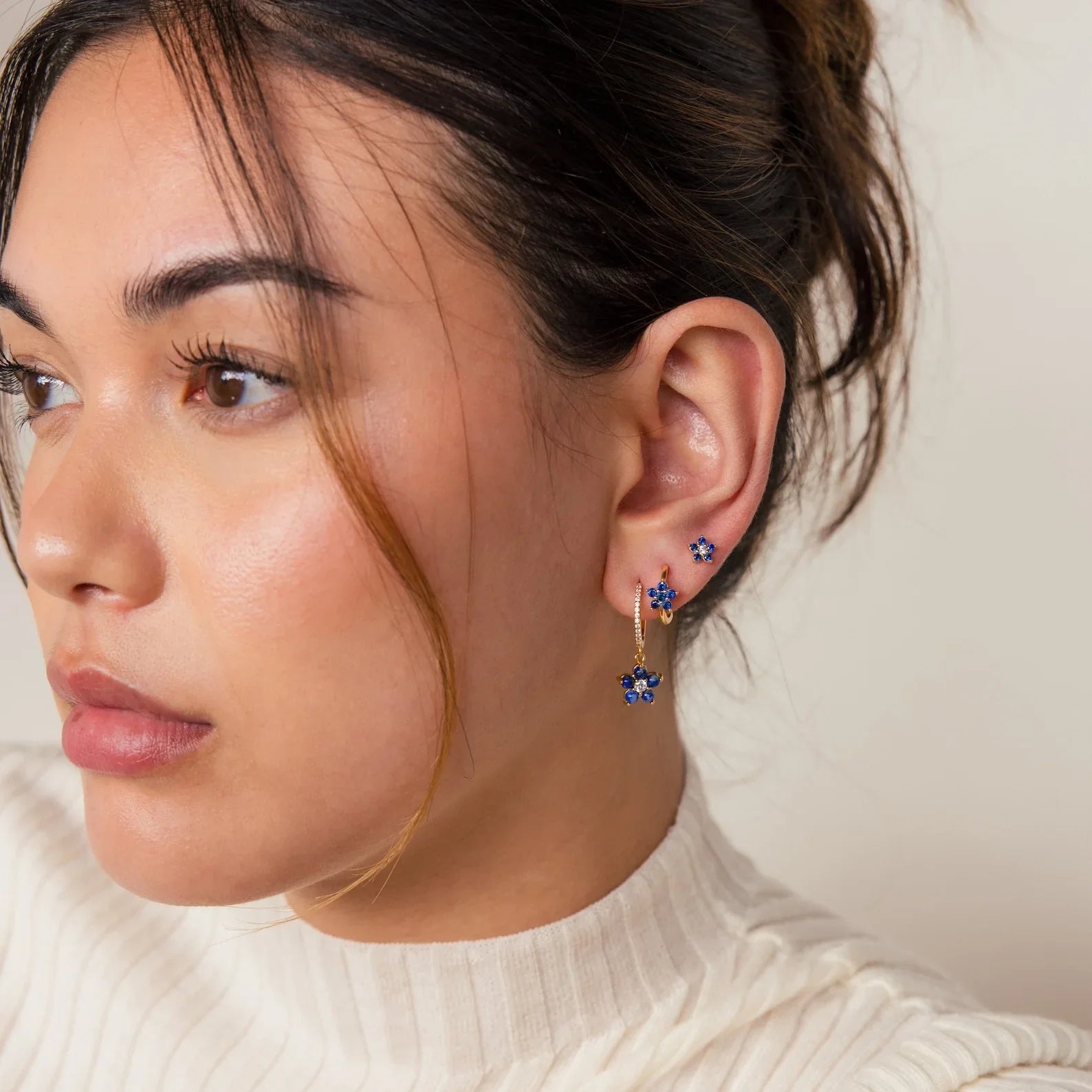 Sapphire Flower Earrings Set Silver 18K Gold Plated