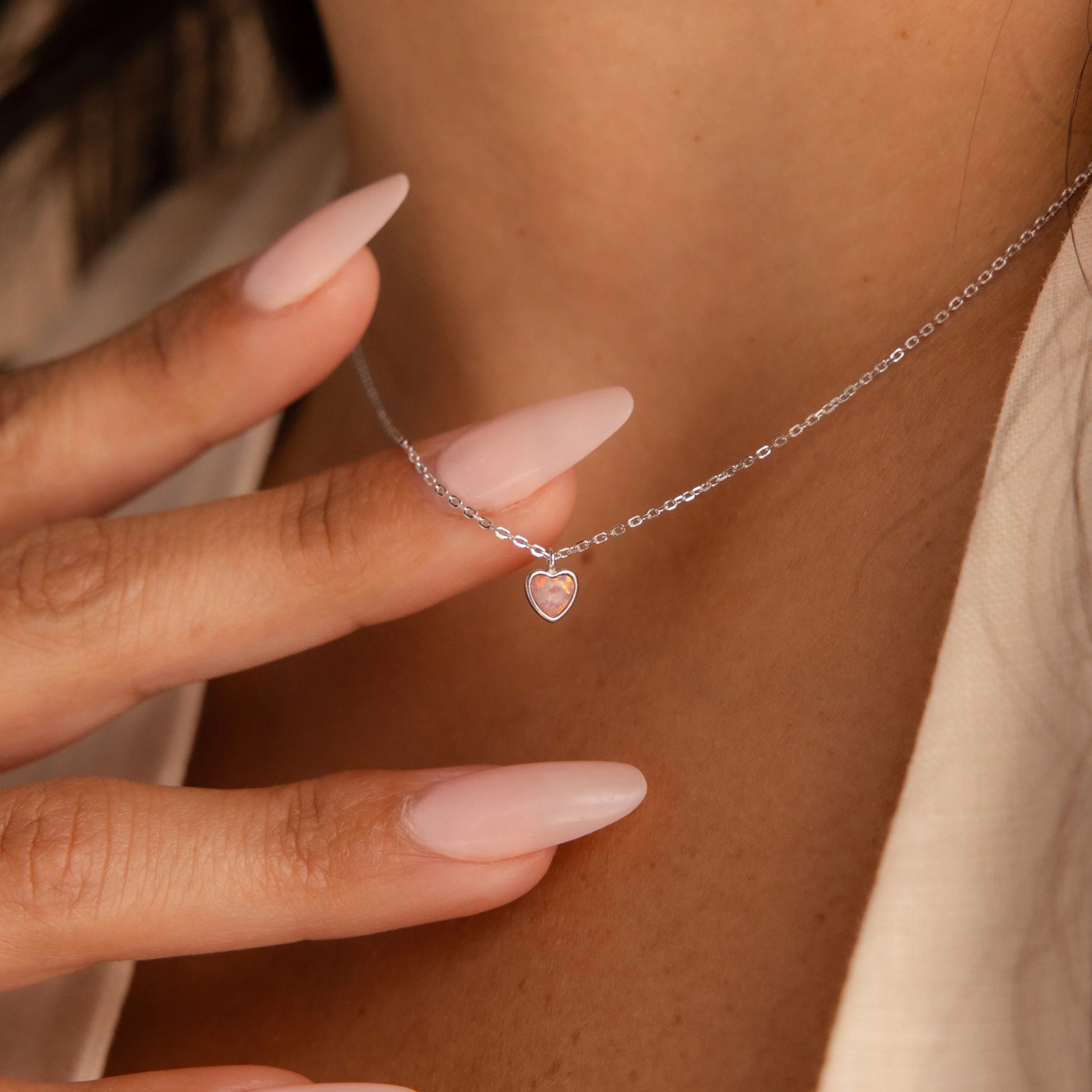 Pink Opal Heart Necklace Silver 18K Gold Plated