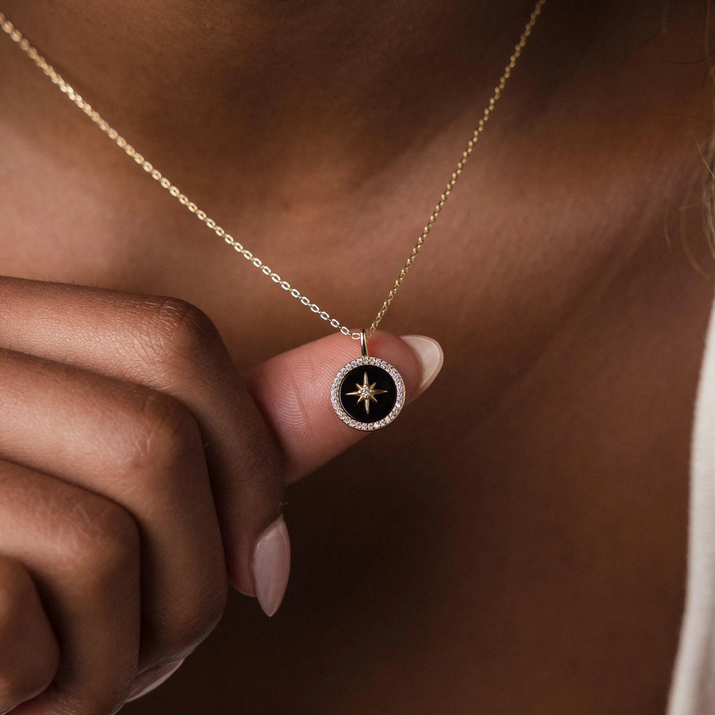 Diamonds Onyx Star Pendant Necklace Silver 18K Gold Plated