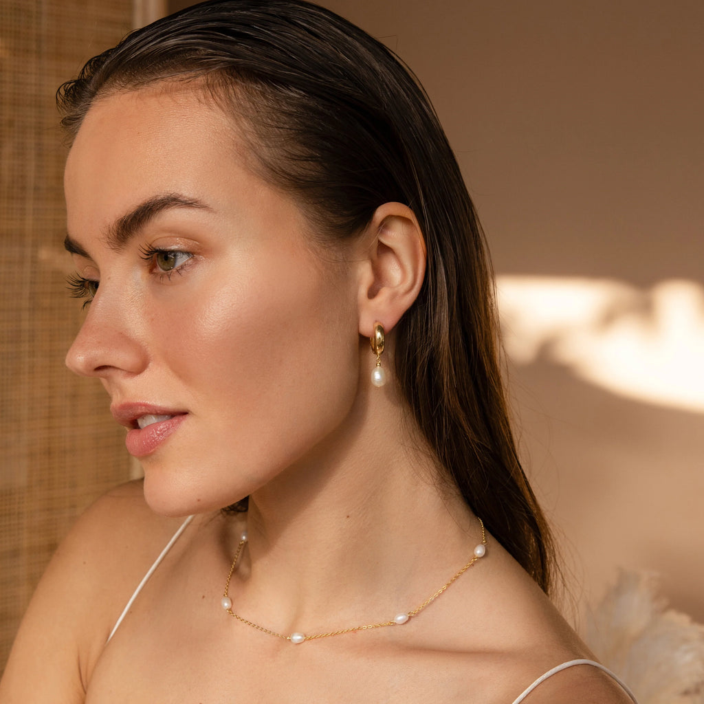 Pearl Drop Hoops Silver 18K Gold Plated