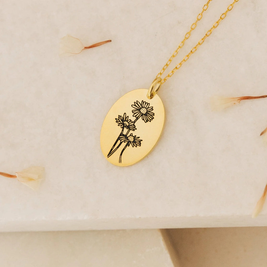 Oval Birth Flower Necklace Silver 18K Gold Plated