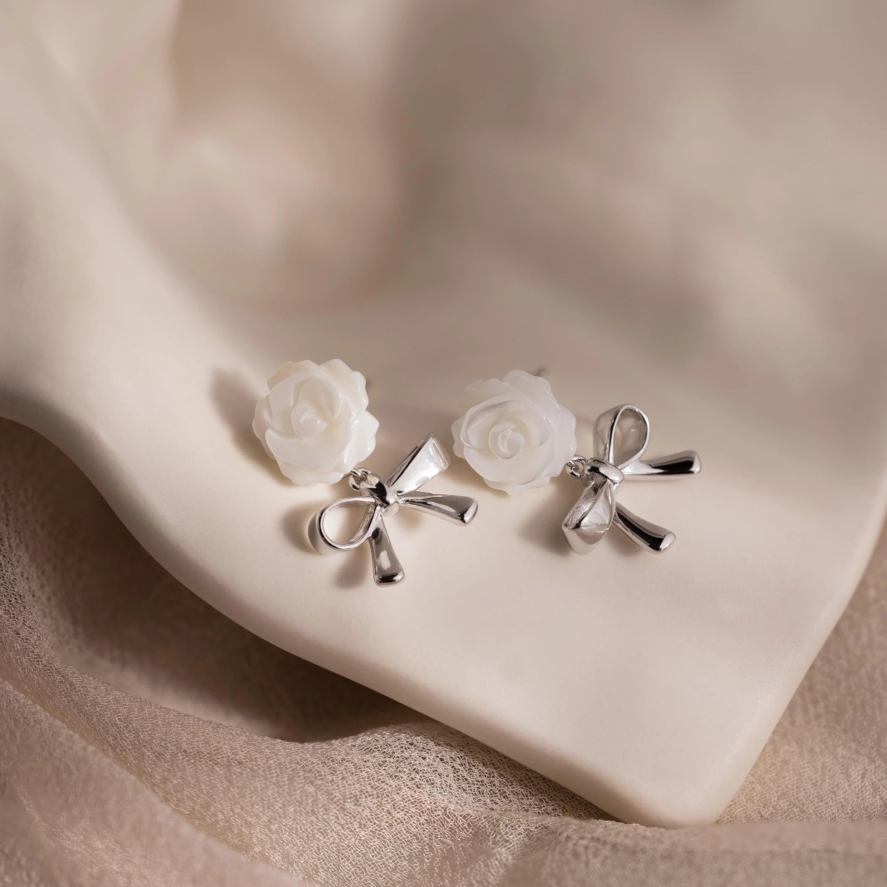 Pearl Rose Ribbon Studs Silver 18K Gold Plated