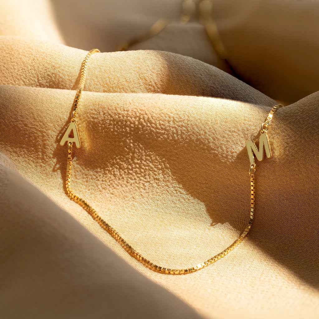Duo Initial Necklace in Box Chain Silver 18K Gold Plated