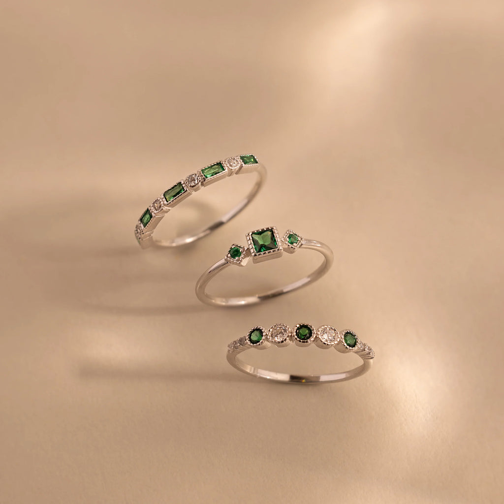 Emerald Stacking Ring Set Silver 18K Gold Plated