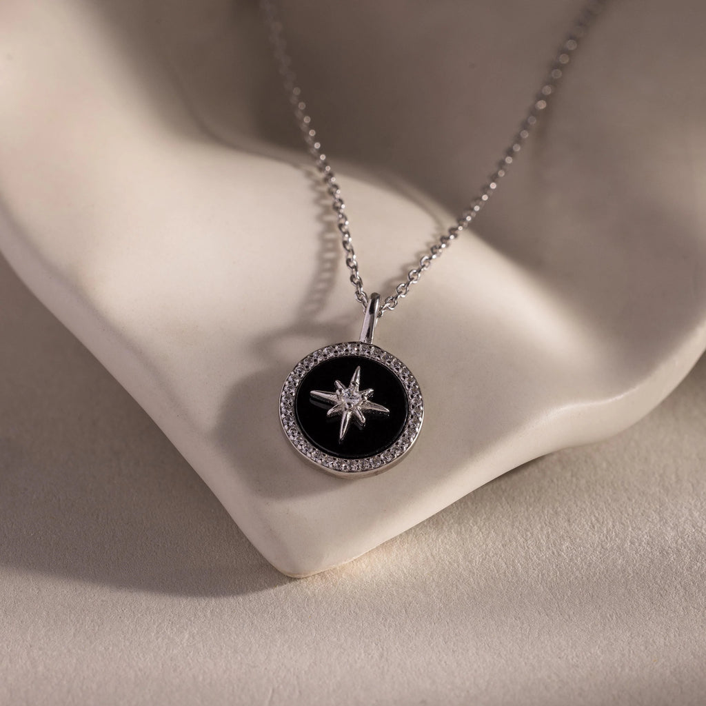 Diamonds Onyx Star Pendant Necklace Silver 18K Gold Plated