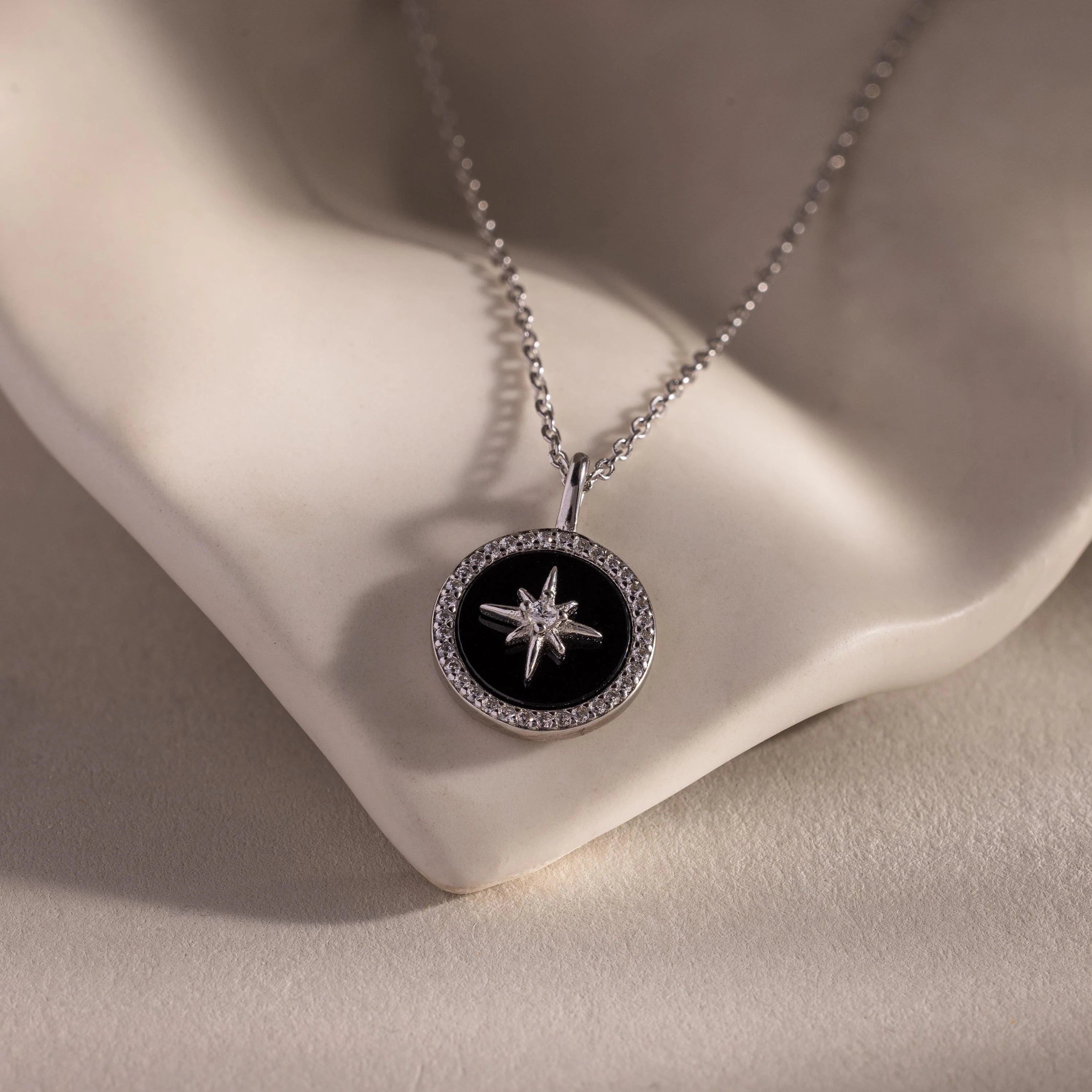 Diamonds Onyx Star Pendant Necklace Silver 18K Gold Plated