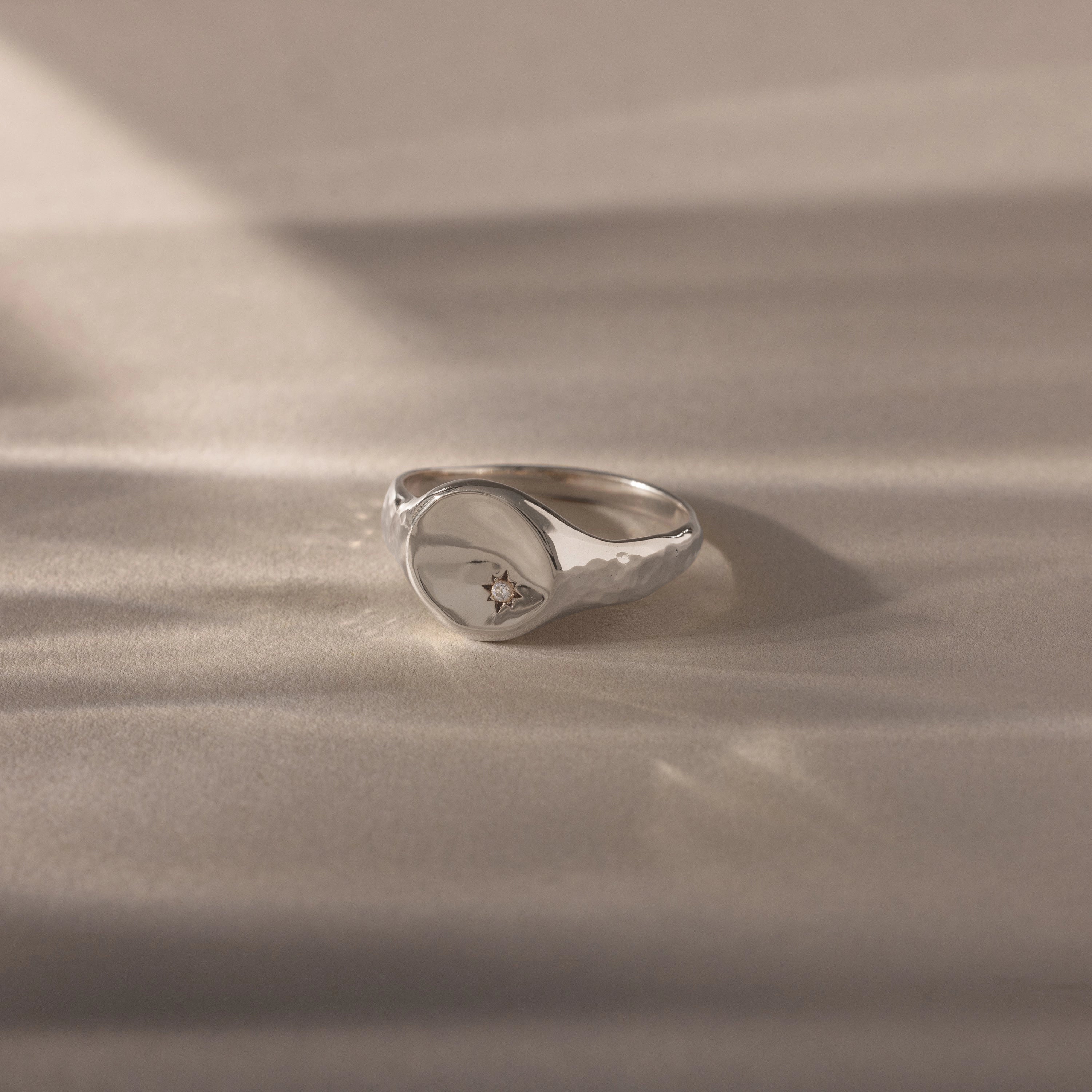North Star Diamond Signet Ring Silver 18K Gold Plated
