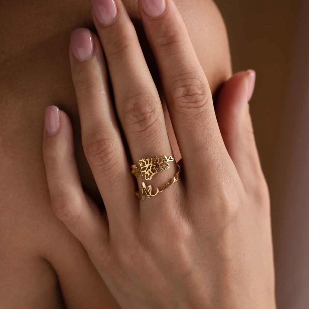 Birth Flower Name Ring Silver 18K Gold Plated