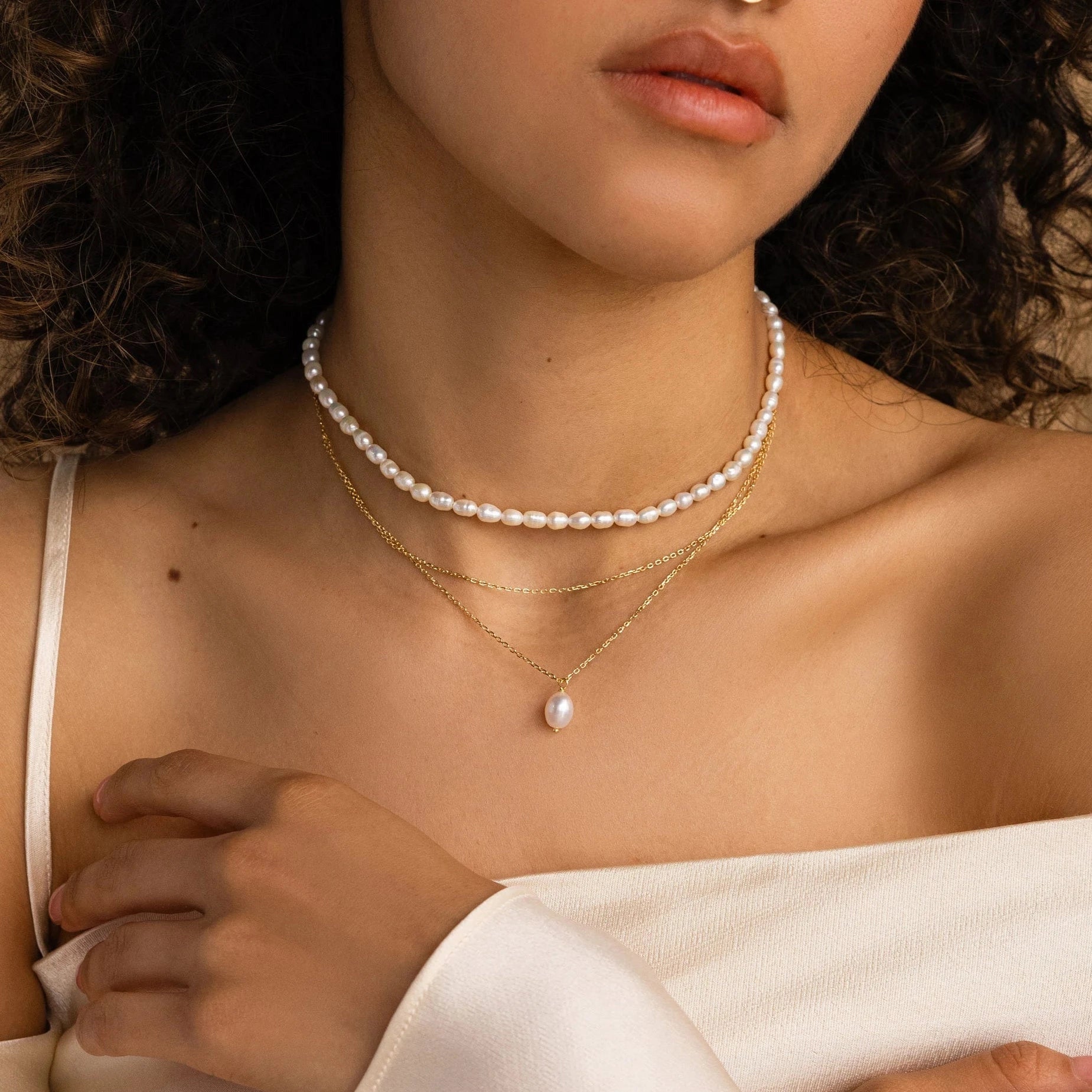Duo Chain Pearl Necklace Silver 18K Gold Plated