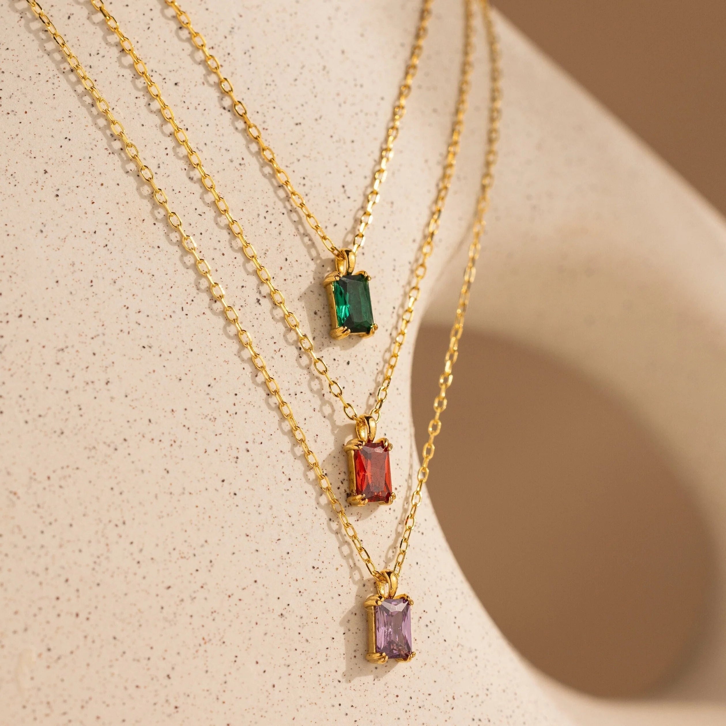 Emerald Cut Birthstone Necklace Silver 18K Gold Plated
