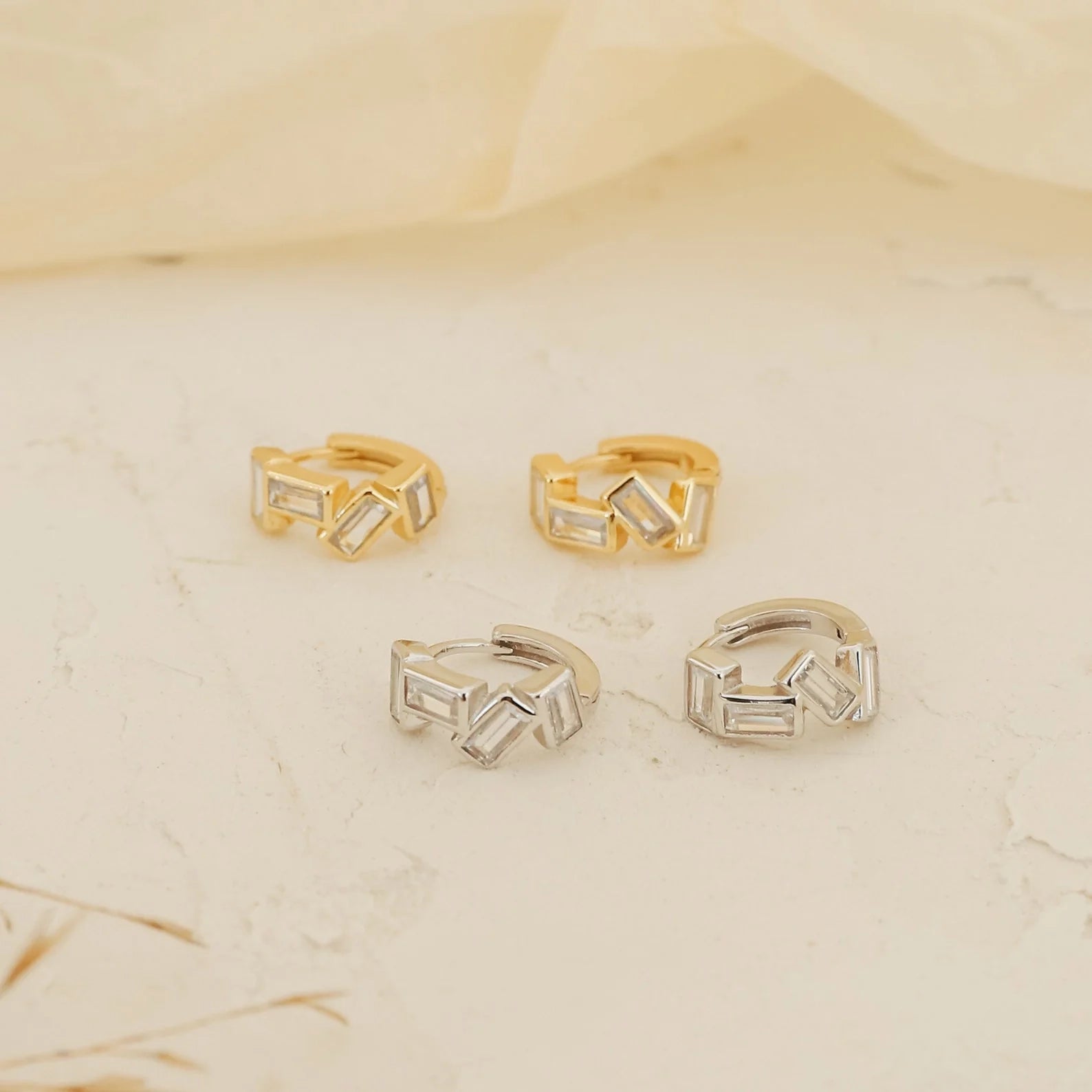 Baguette Diamond Huggies Silver 18K Gold Plated