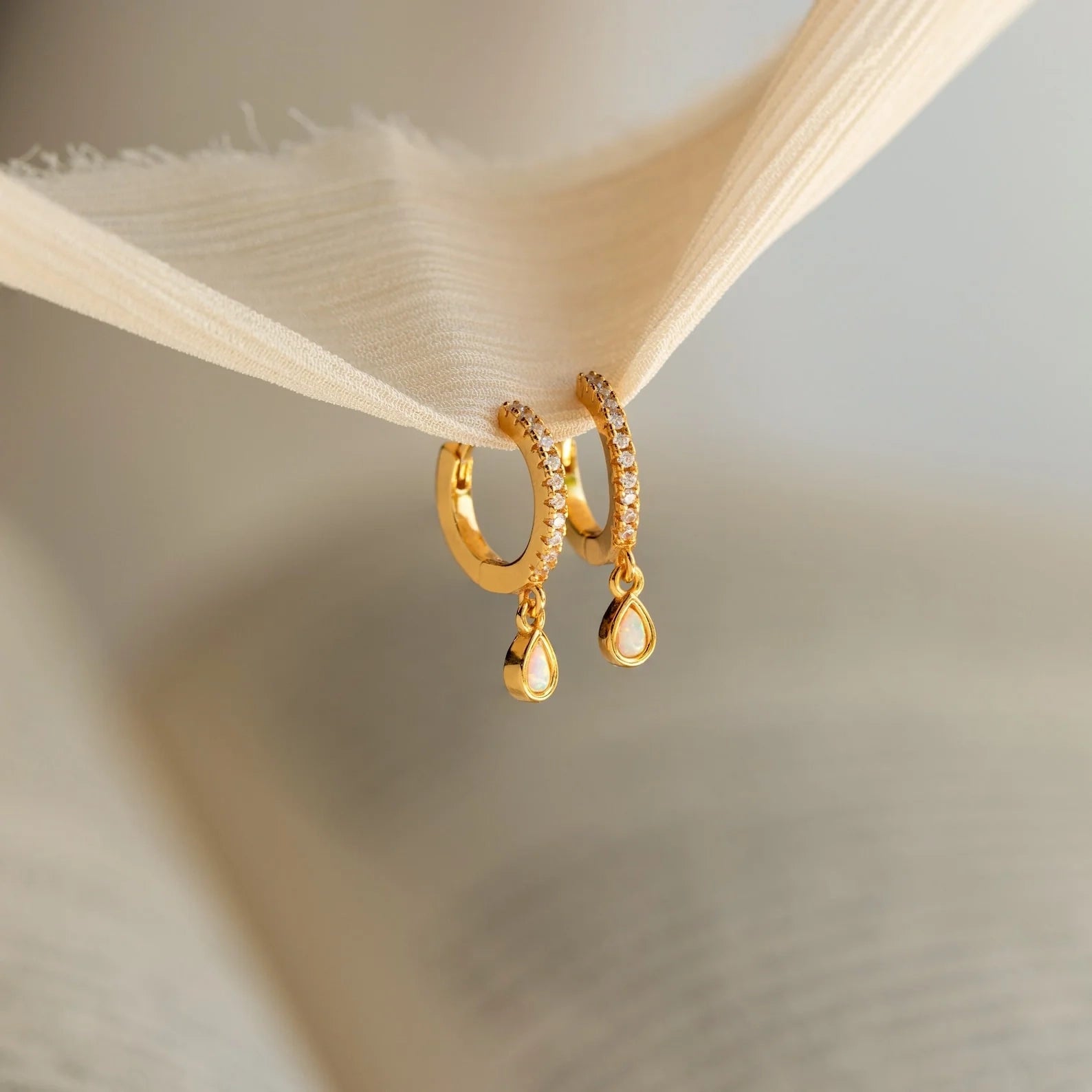 Diamond Opal Drop Charm Huggies Silver 18K Gold Plated