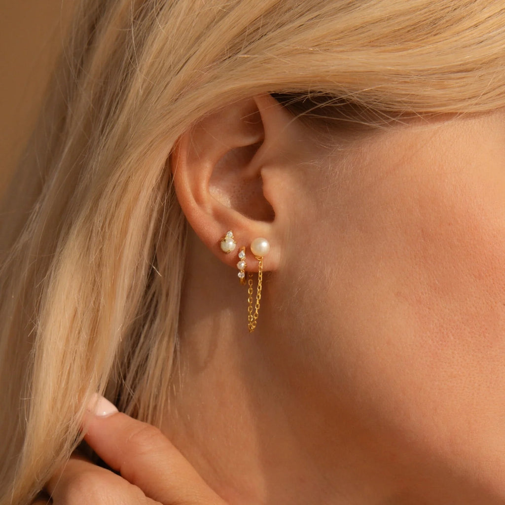 Pearl Chain Studs Silver 18K Gold Plated