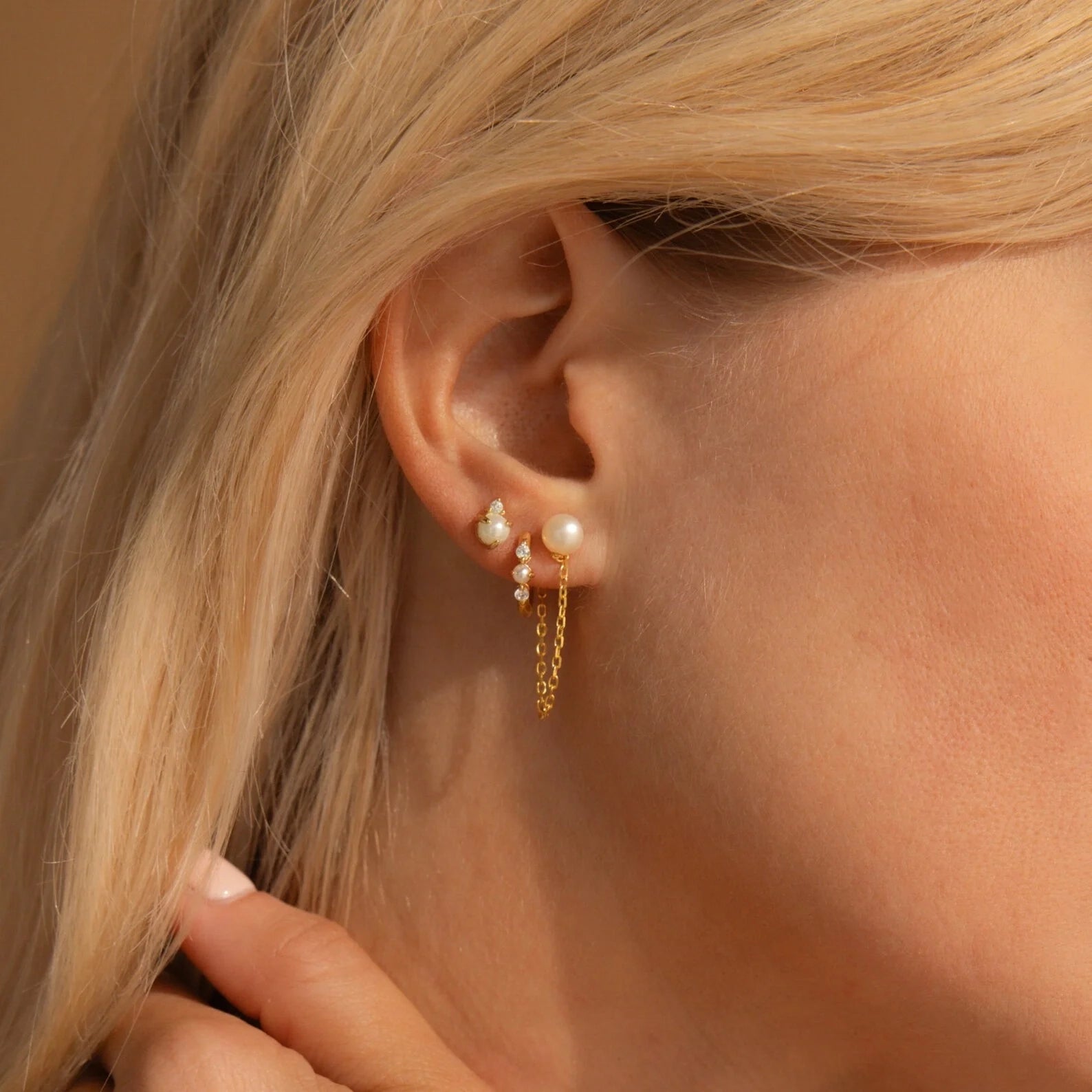 Pearl Chain Studs Silver 18K Gold Plated