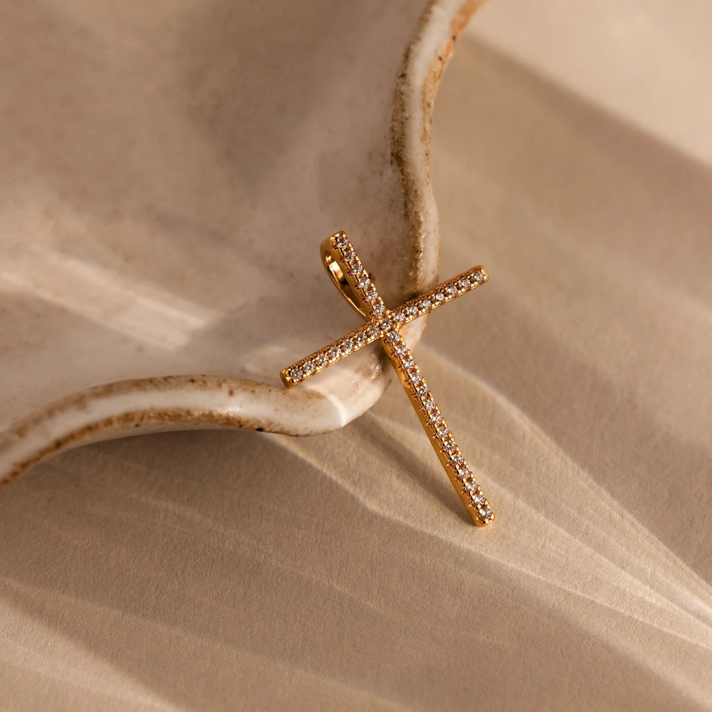 Diamond Pave Cross Charm Silver 18K Gold Plated