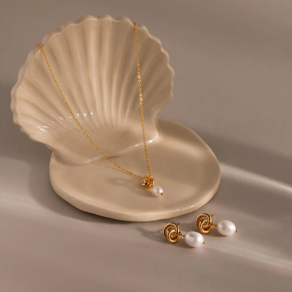 Freshwater Pearl Knot Necklace & Earrings Set Silver 18K Gold Plated