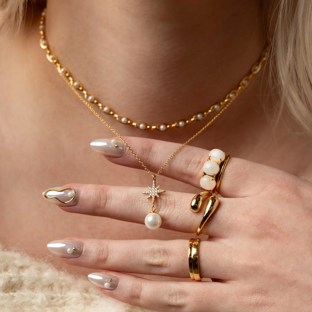 North Star Pearl Necklace Silver 18K Gold Plated
