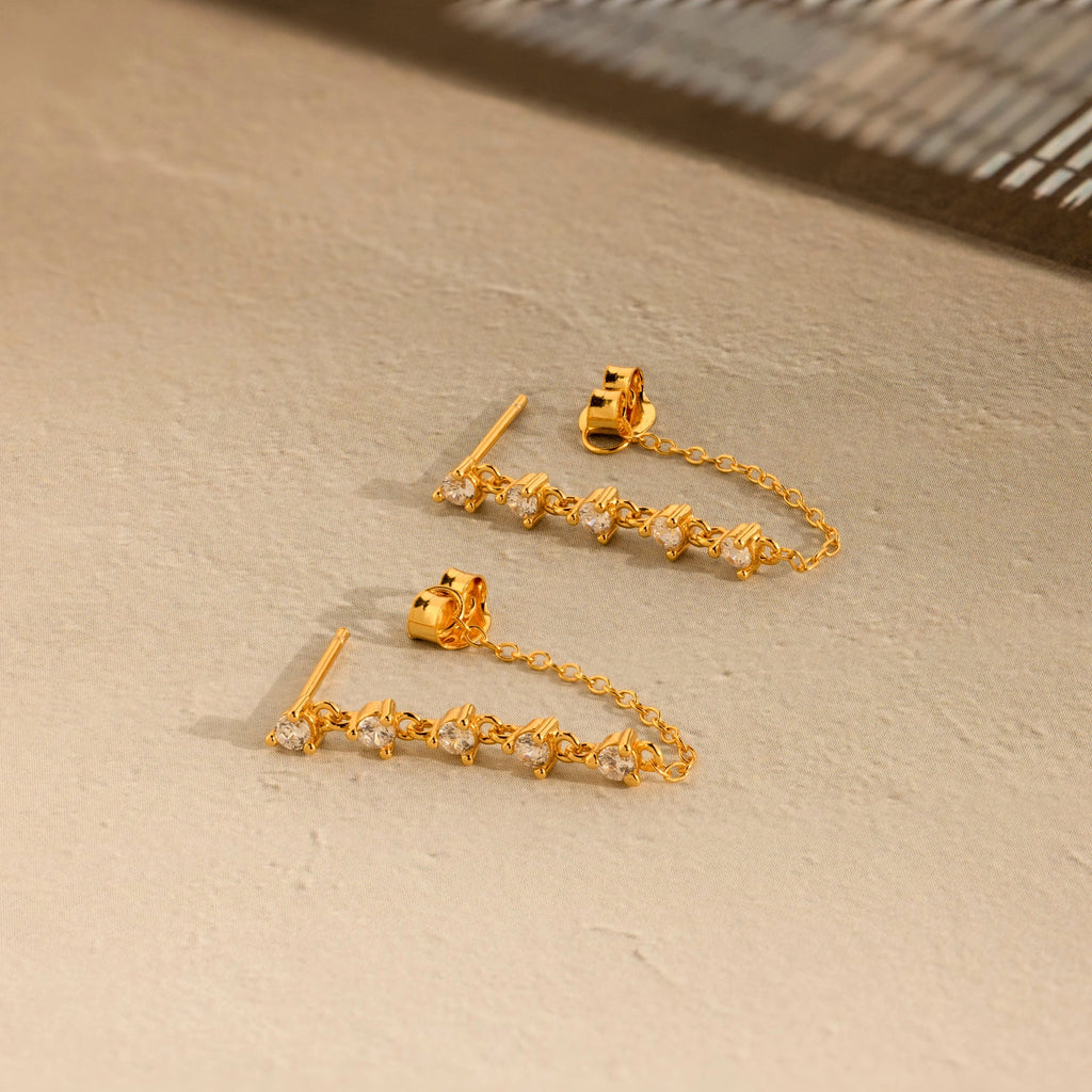 Diamond Chain Drop Earrings Silver 18K Gold Plated