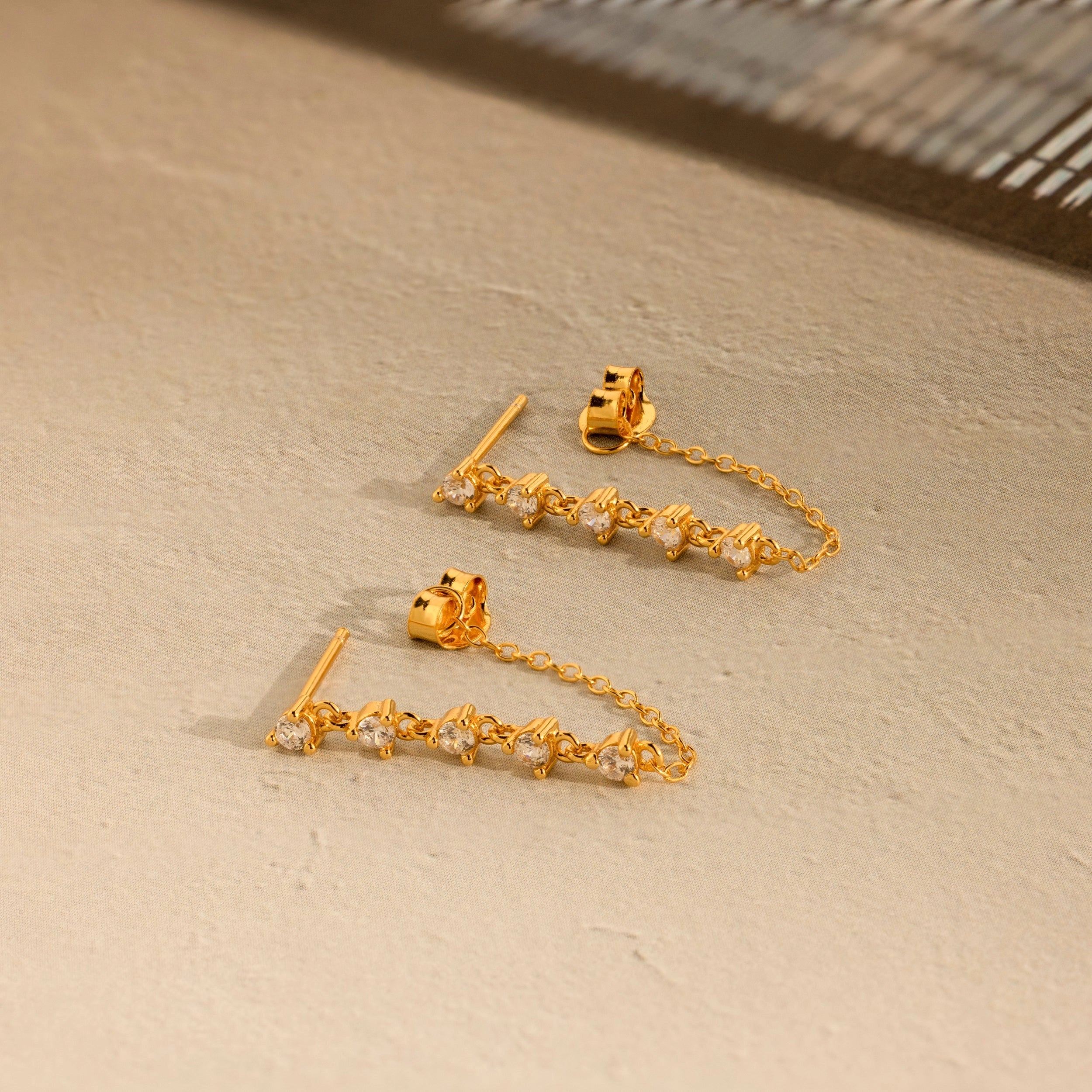 Diamond Chain Drop Earrings Silver 18K Gold Plated