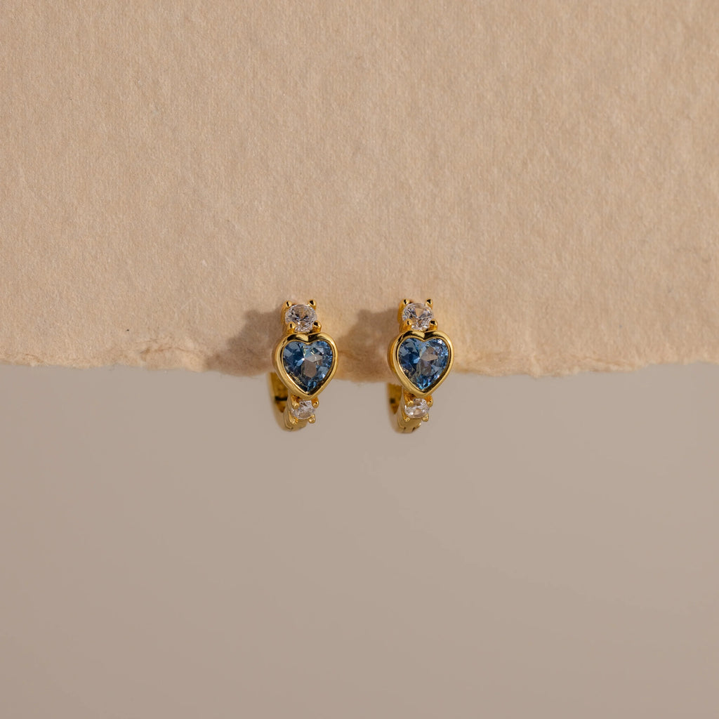 Aquamarine Heart Hoops Silver 18K Gold Plated