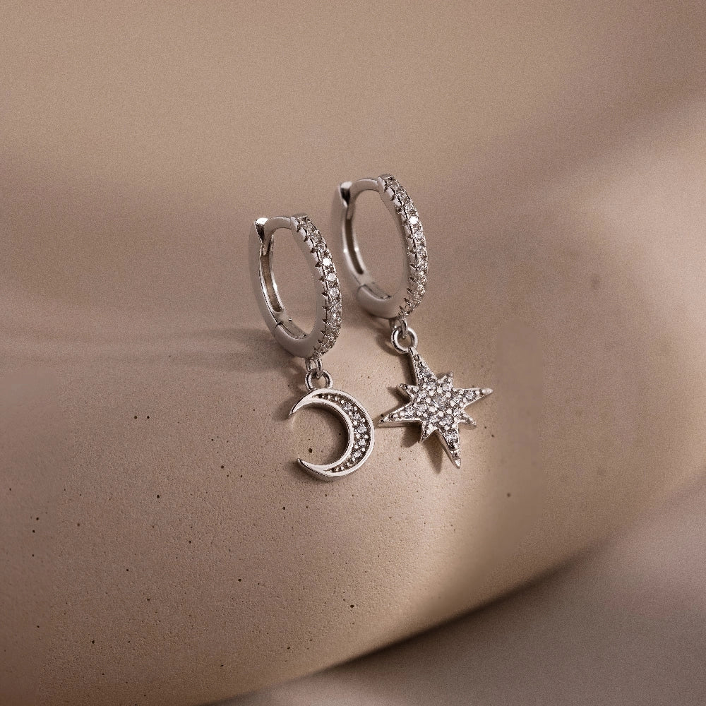 Moon and Star Huggies Silver 18K Gold Plated