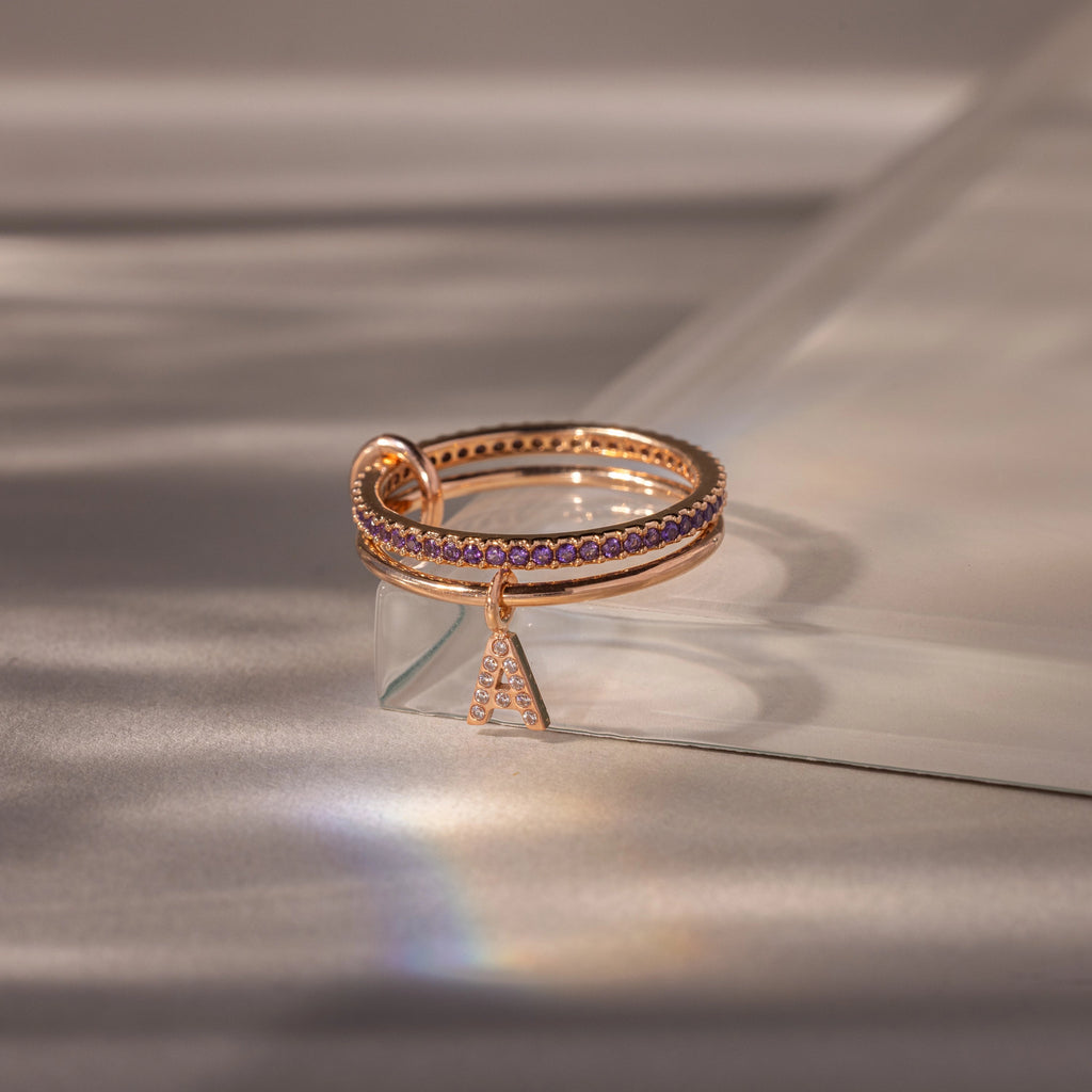 Linked Initial Amethyst Ring Set Silver 18K Gold Plated