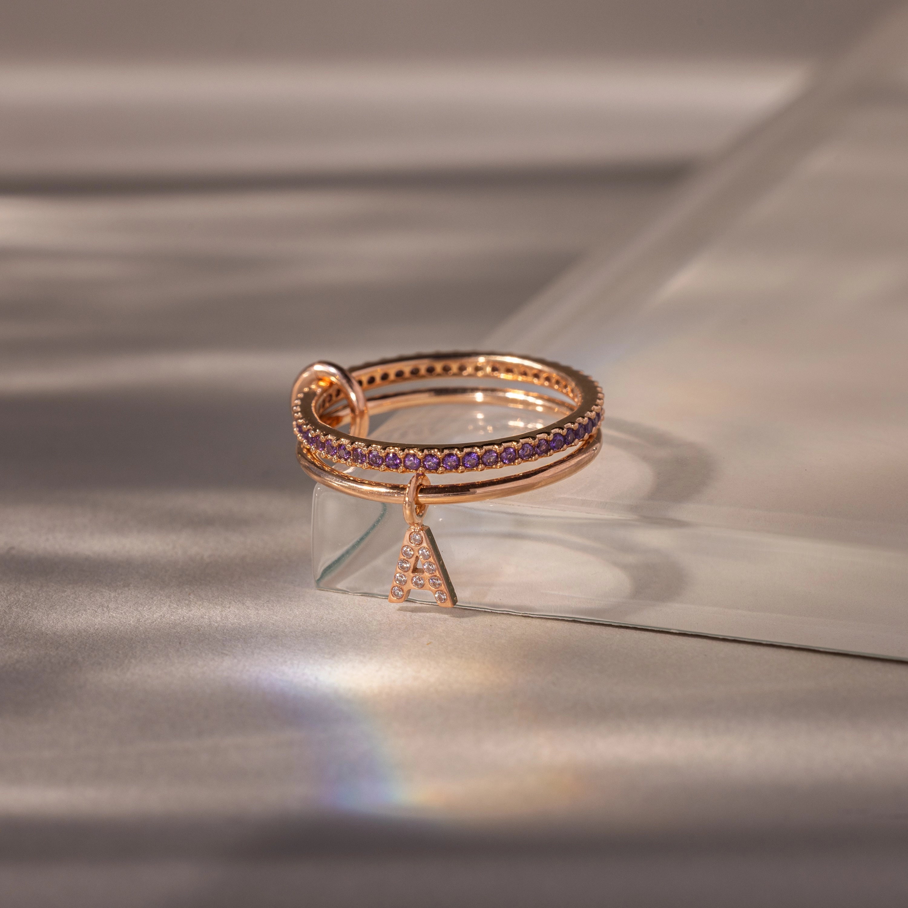 Linked Initial Amethyst Ring Set Silver 18K Gold Plated