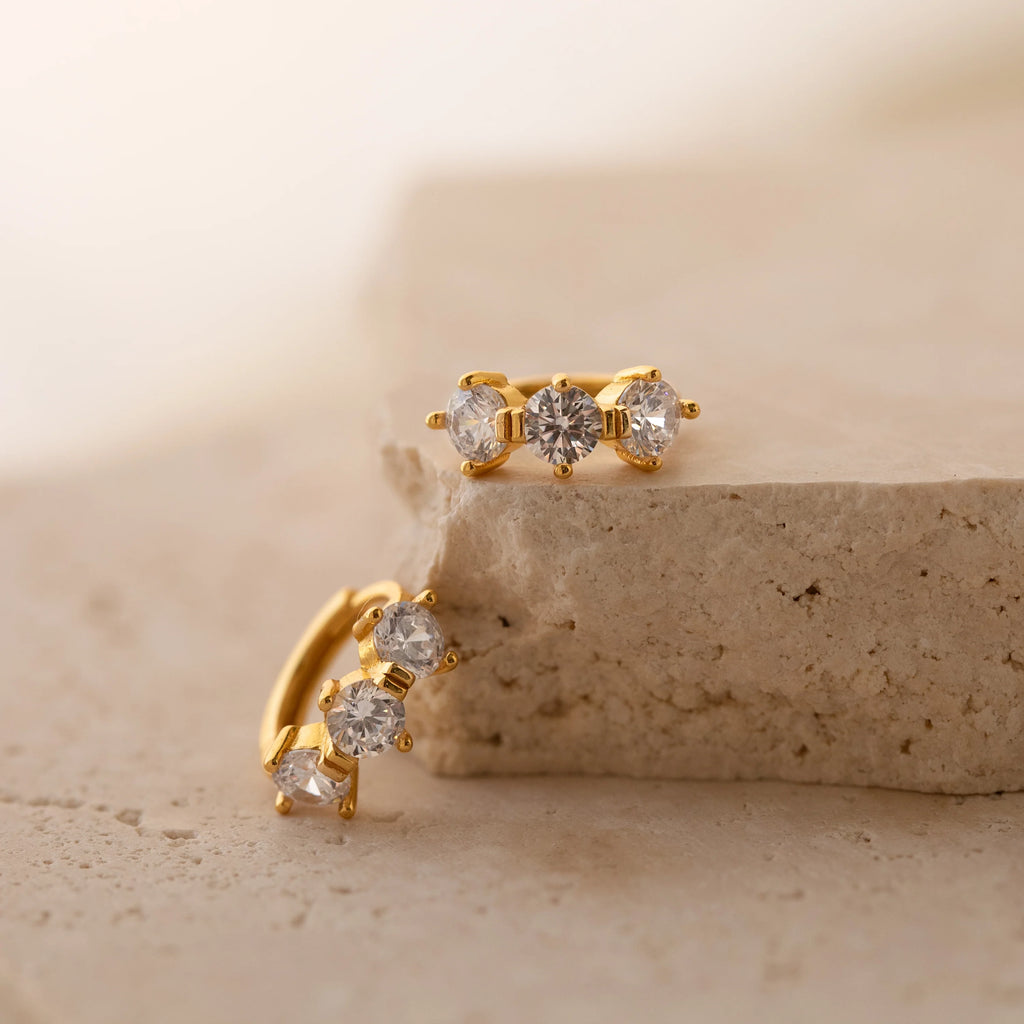 Triple Diamond Huggies Silver 18K Gold Plated