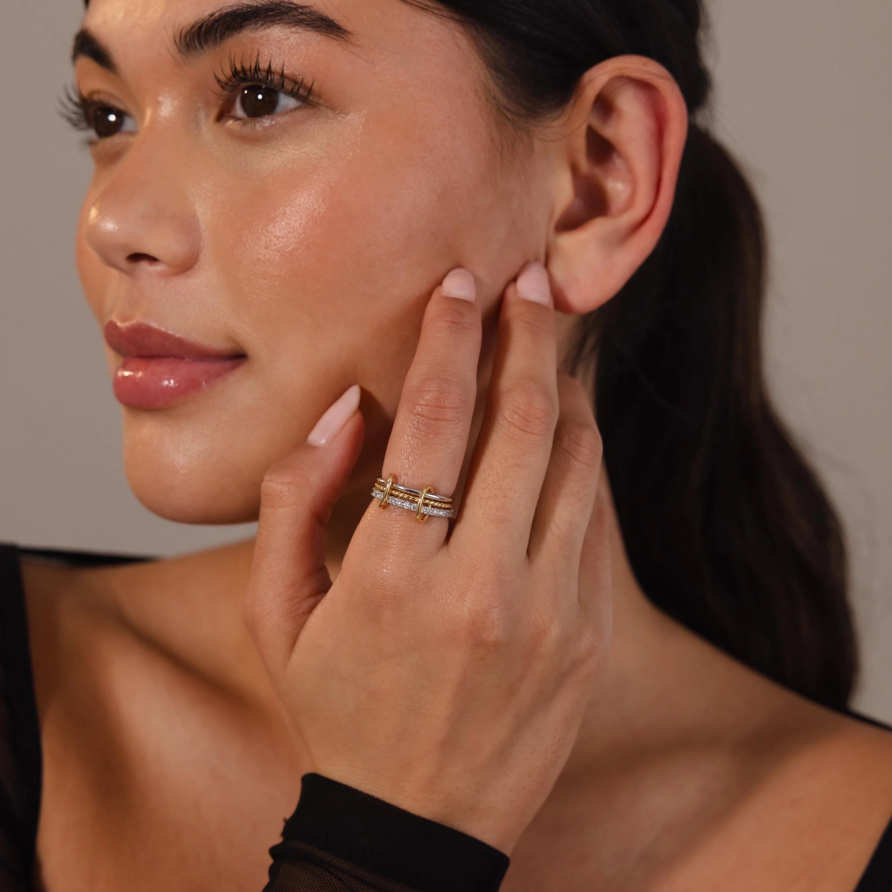 Pave Mixed Metal Linked Ring Set Silver 18K Gold Plated