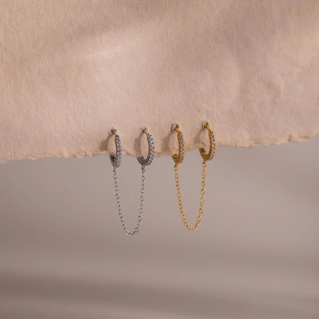Pave Duo Chain Earring Silver 18K Gold Plated