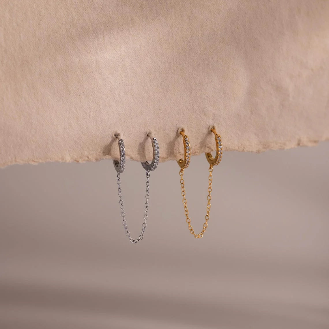 Pave Duo Chain Earring Silver 18K Gold Plated