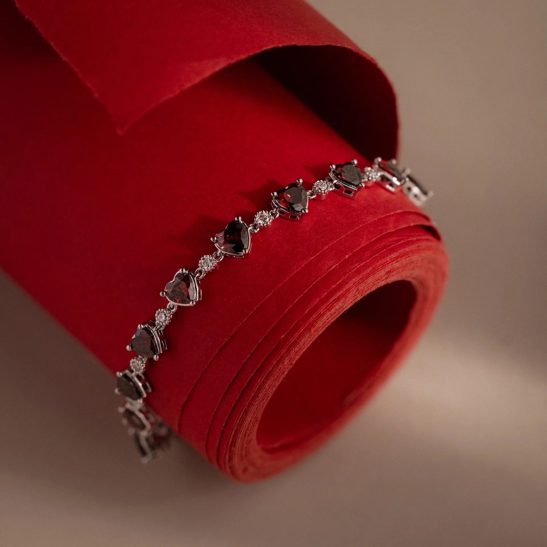 Diamond Garnet Heart Tennis Bracelet Silver 18K Gold Plated