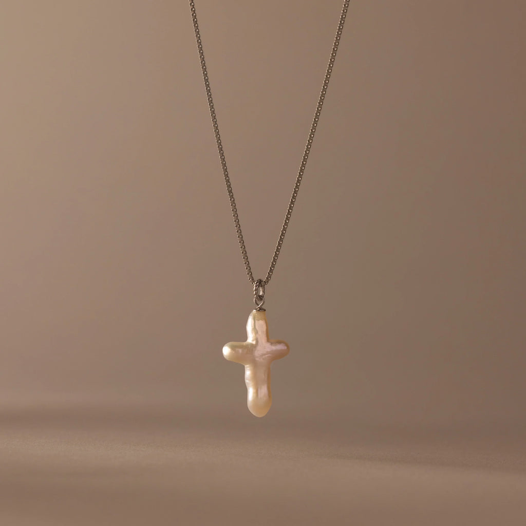 Baroque Pearl Cross Necklace Silver 18K Gold Plated