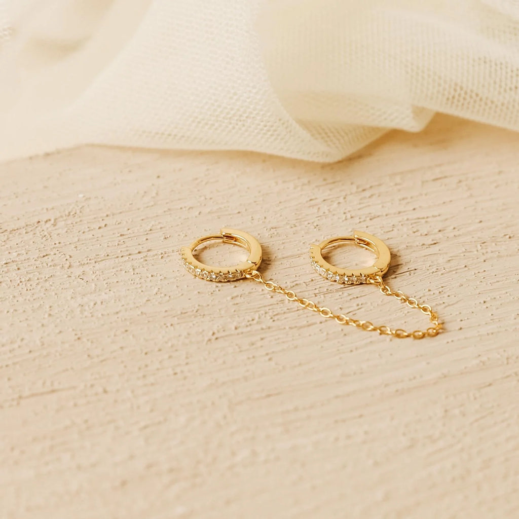 Diamond Pave Duo Chain Earring Silver 18K Gold Plated
